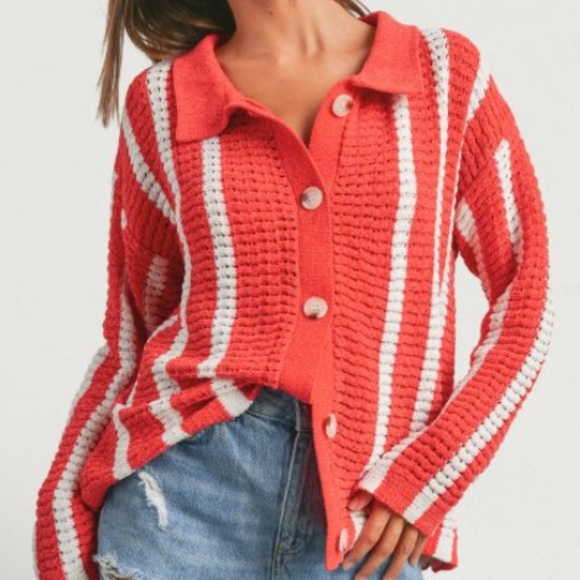Red and white button cardigan w collar. NEVER WORN!! Size L. Great quality!!! - Picture 1 of 11